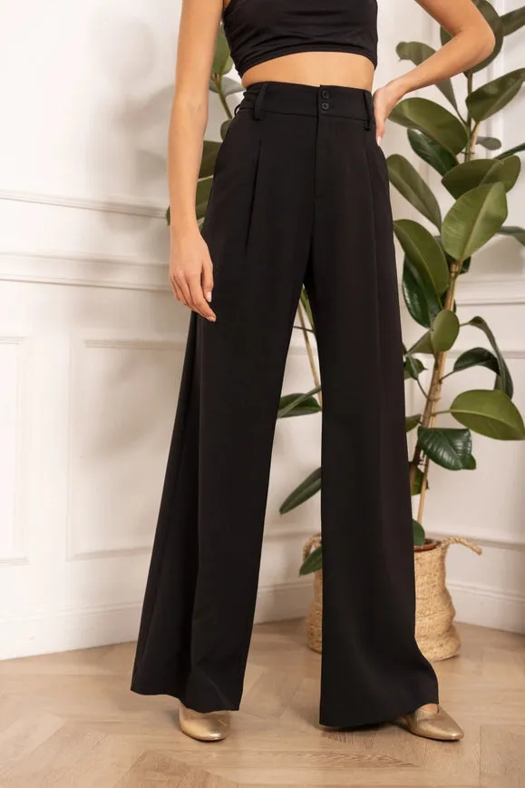 Wide-Cut Plain Pants with Double Breasted Black