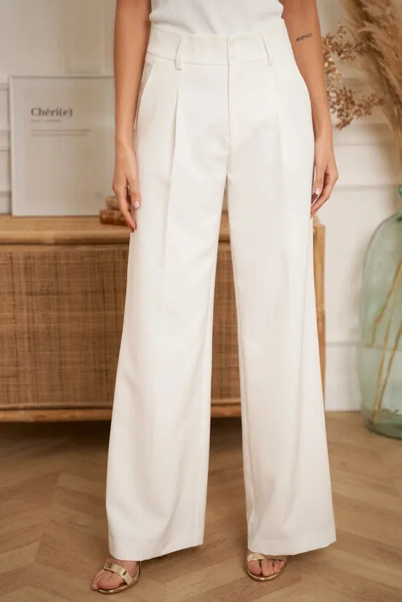 Wide-Cut Plain Pants with Double Breasted White