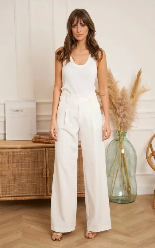 Wide-Cut Plain Pants with Double Breasted White