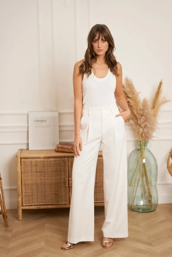 Wide-Cut Plain Pants with Double Breasted White