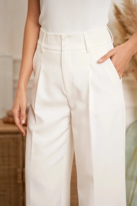 Wide-Cut Plain Pants with Double Breasted White
