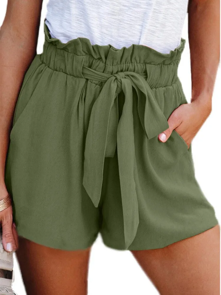 Wjczt Summer New Pants Women's Lace Drawstring Fungus Shorts Solid Color Casual Shorts Bow Women's Loose High-waisted Wide-leg Shorts