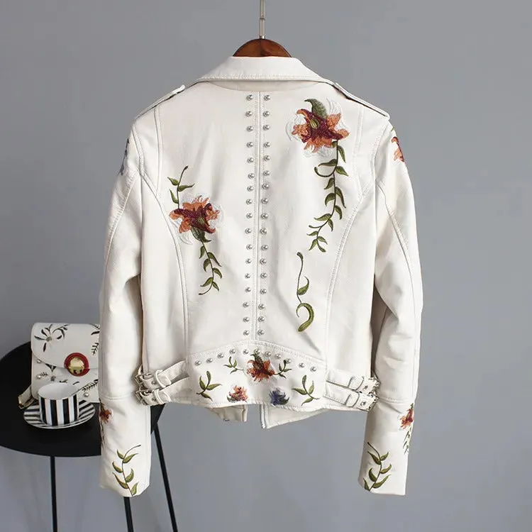Women Floral Print Embroidery Faux Soft Leather Jacket Coat Turn-down Collar Casual Pu Motorcycle Black Punk Outerwear