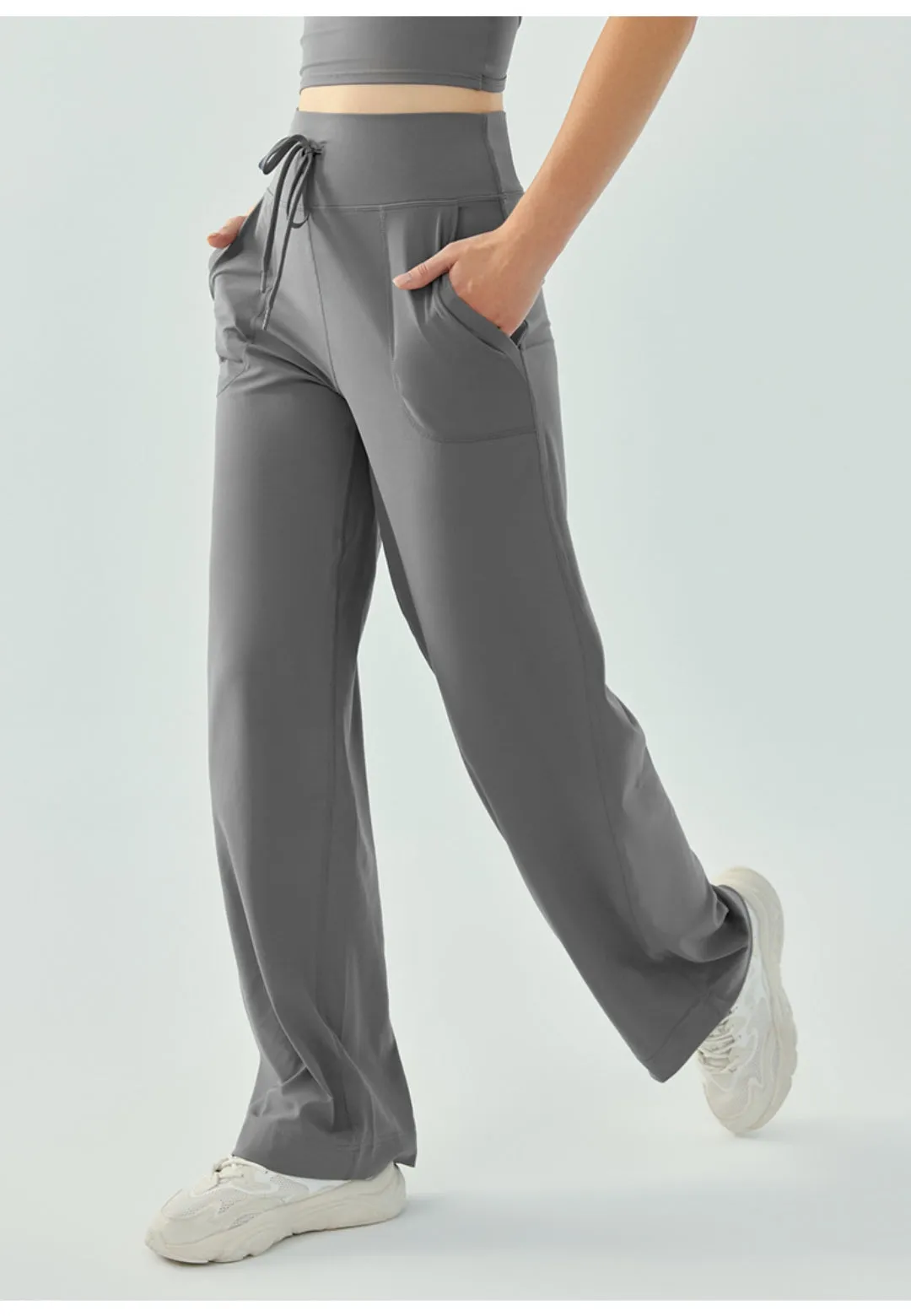Women High-waisted Drawstring Loose Solid Color Fitness Sports Yoga Pants by Anna-Kaci