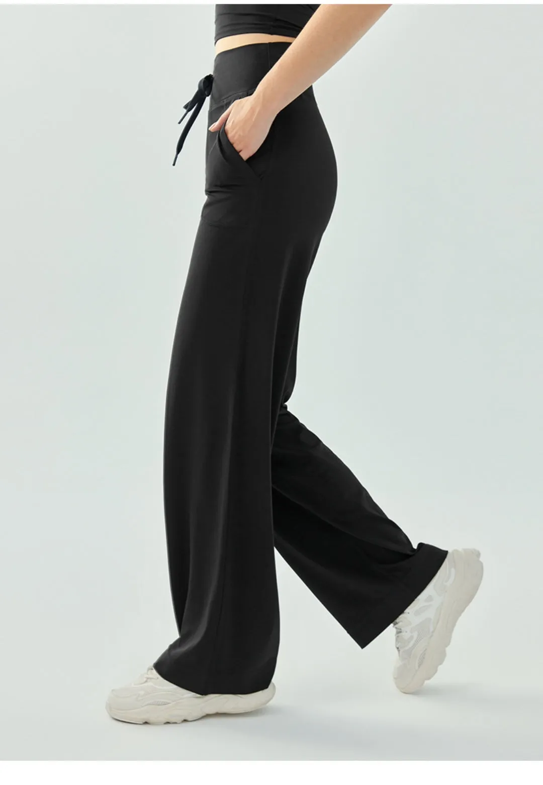 Women High-waisted Drawstring Loose Solid Color Fitness Sports Yoga Pants by Anna-Kaci