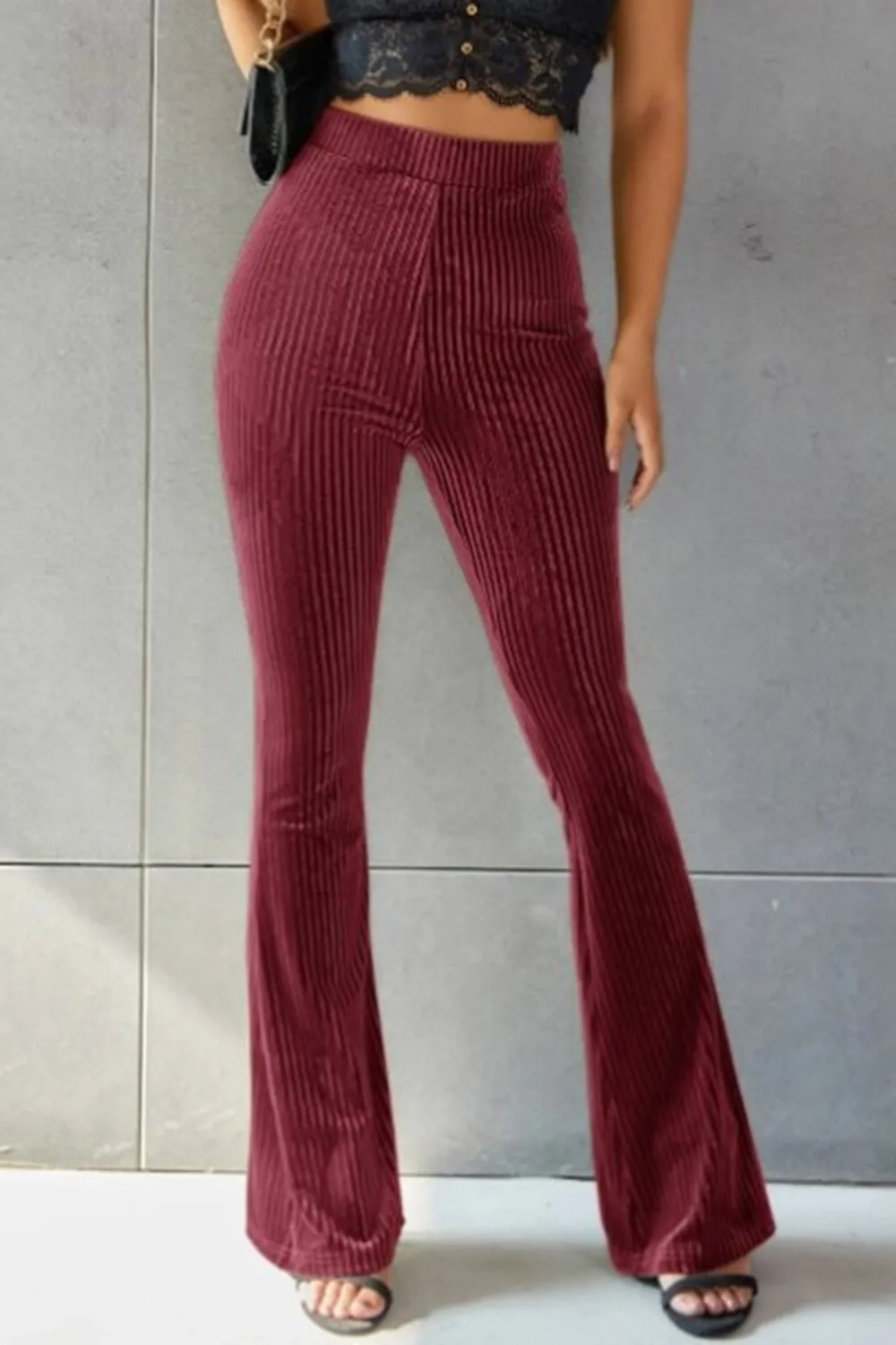 Women Ribbed High Waist Flare Pants