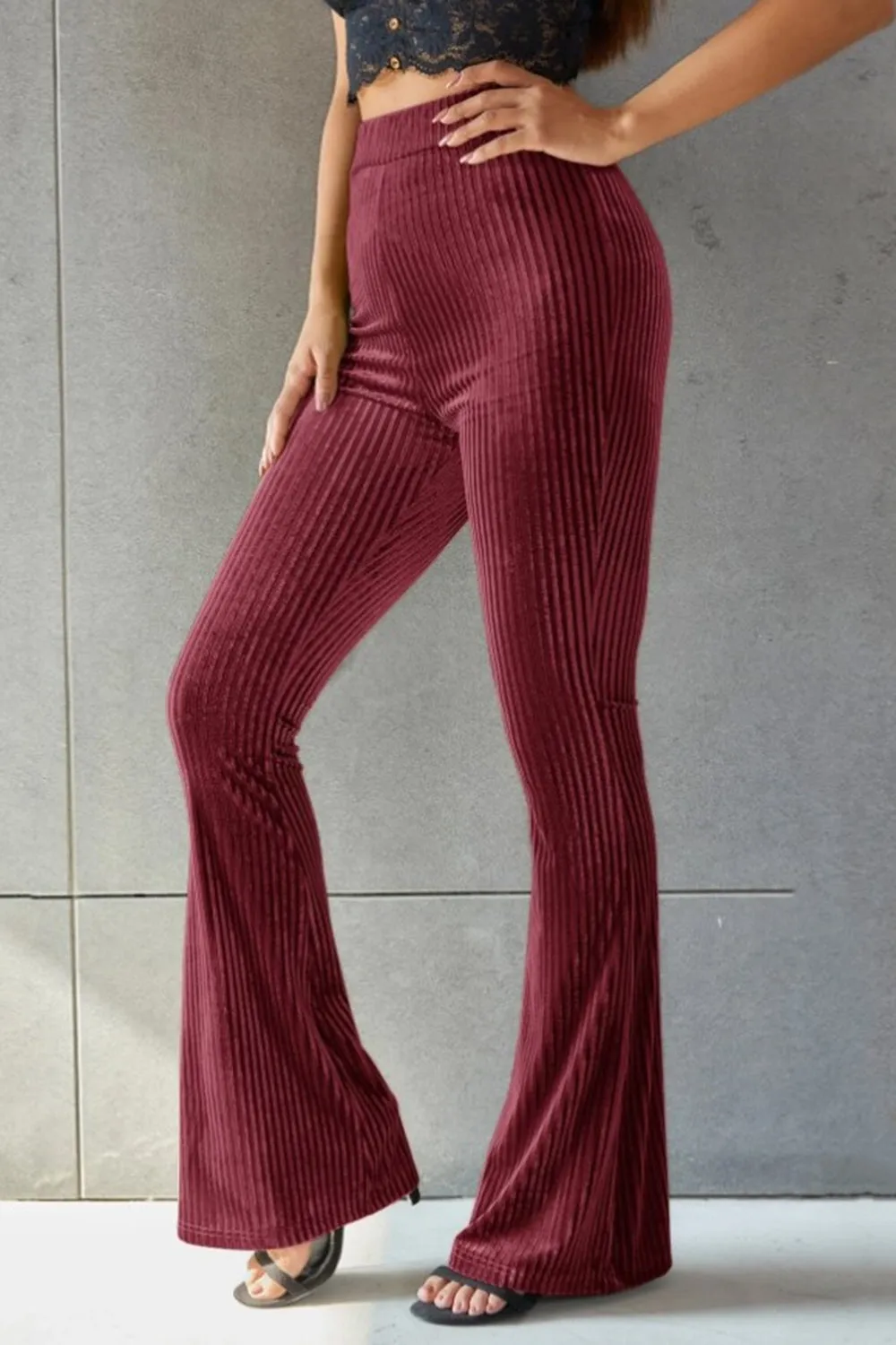 Women Ribbed High Waist Flare Pants