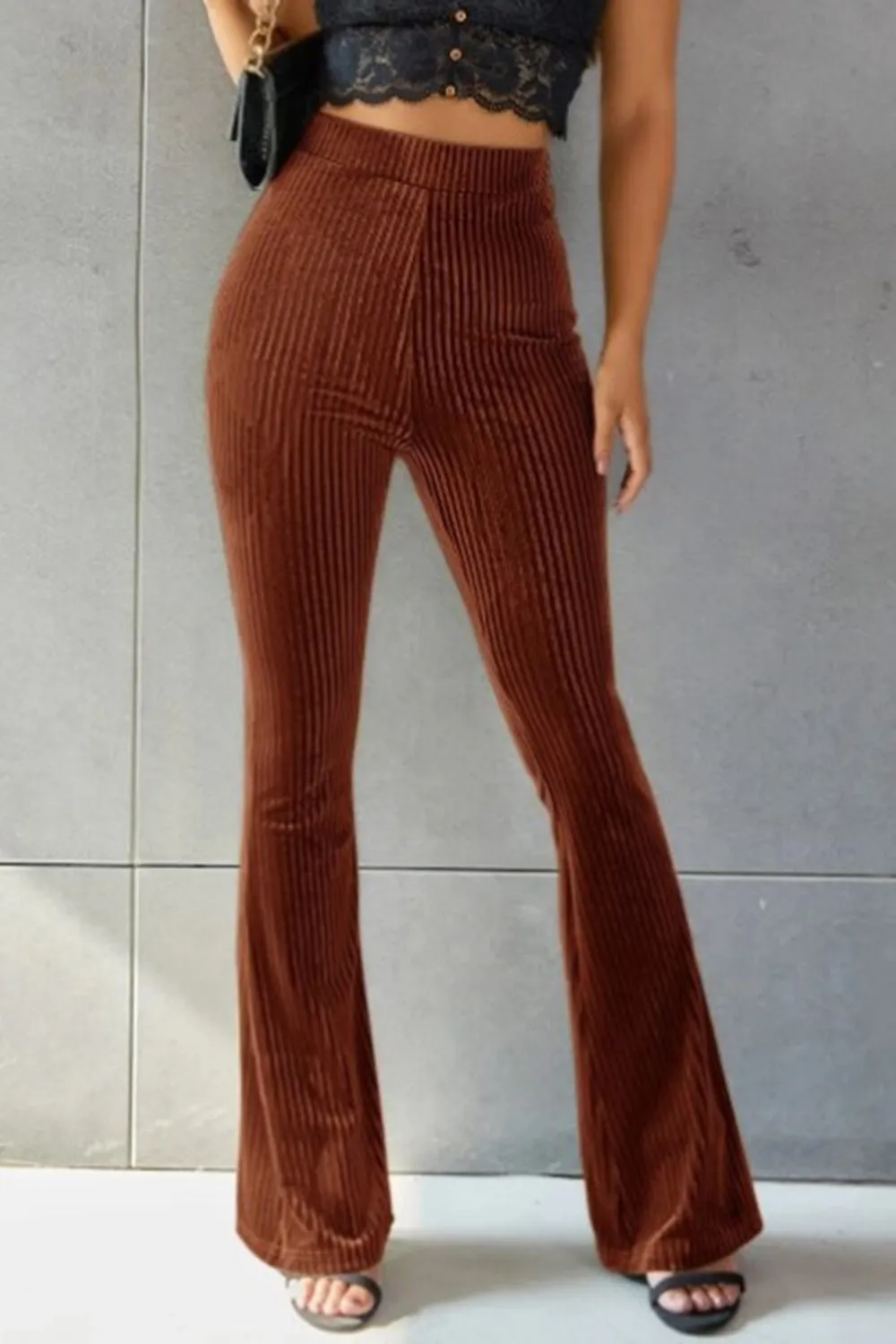 Women Ribbed High Waist Flare Pants