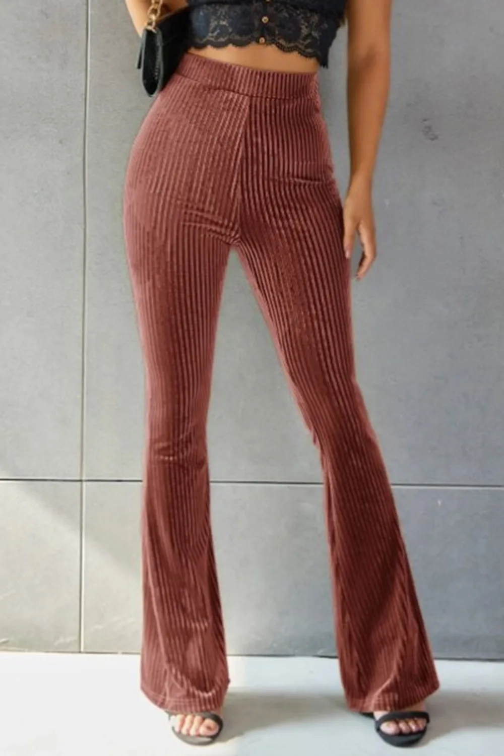 Women Ribbed High Waist Flare Pants
