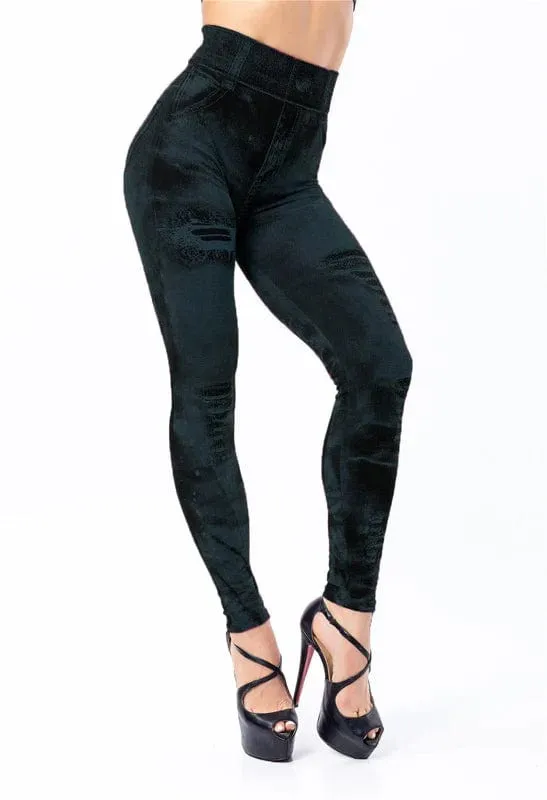 Women  Sexy Astic Imitation Jeans Stretch High Waist Fitness Slim Push Up Leggings