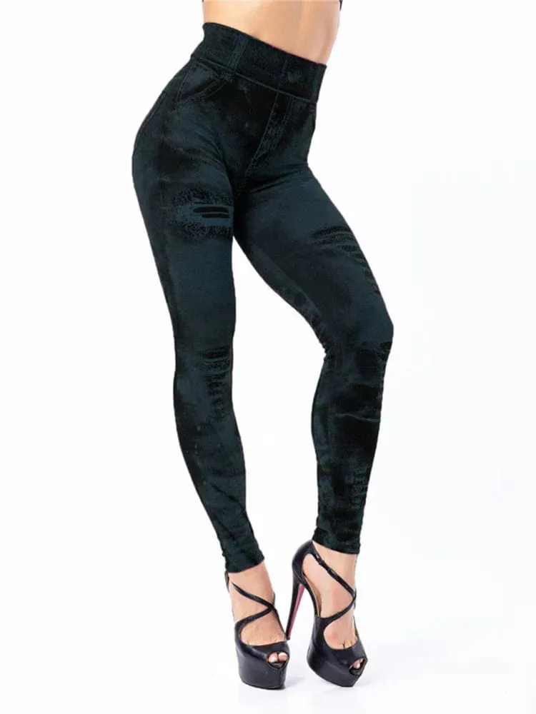 Women  Sexy Astic Imitation Jeans Stretch High Waist Fitness Slim Push Up Leggings