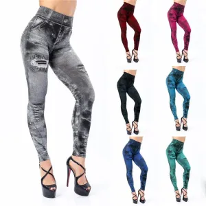 Women  Sexy Astic Imitation Jeans Stretch High Waist Fitness Slim Push Up Leggings