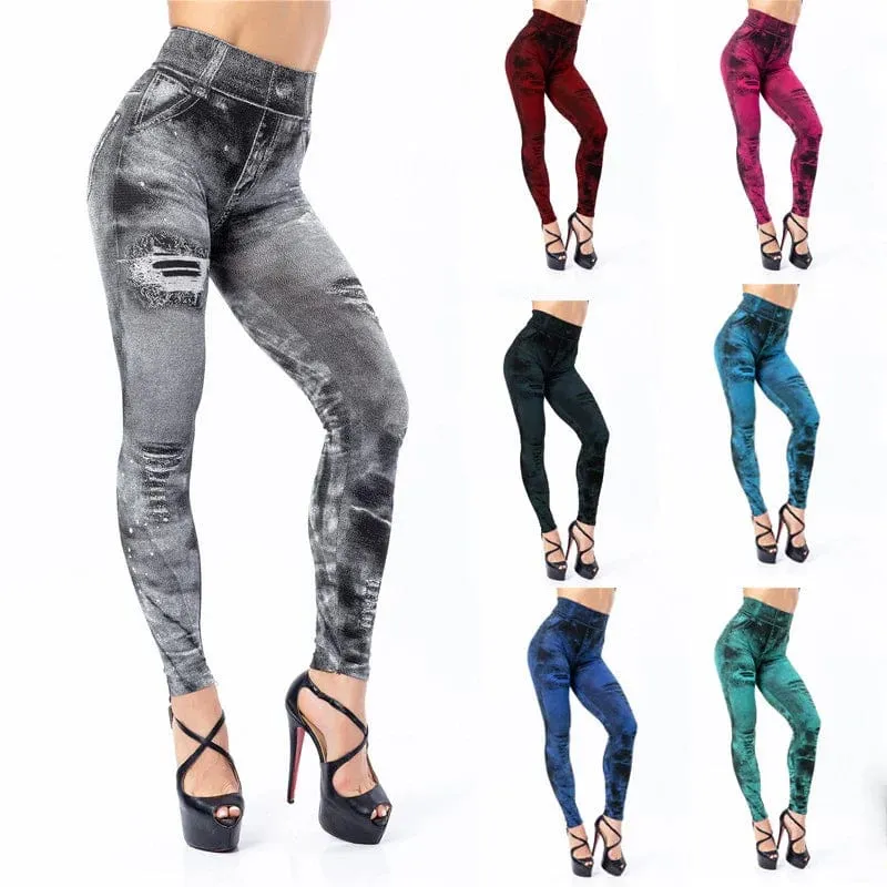 Women  Sexy Astic Imitation Jeans Stretch High Waist Fitness Slim Push Up Leggings
