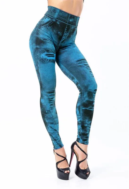 Women  Sexy Astic Imitation Jeans Stretch High Waist Fitness Slim Push Up Leggings