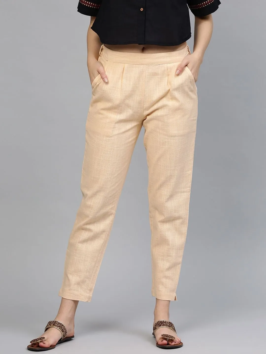 Women's Beige Solid Cotton Slub Pants