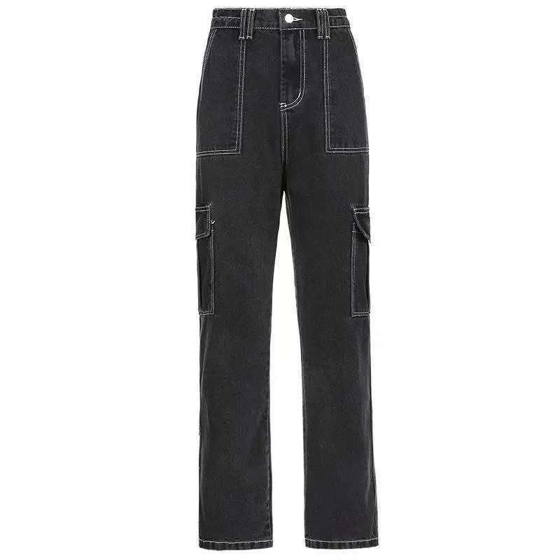 Women's Black Pants / Cotton Streetwear Straight High Waist Ladies Pants