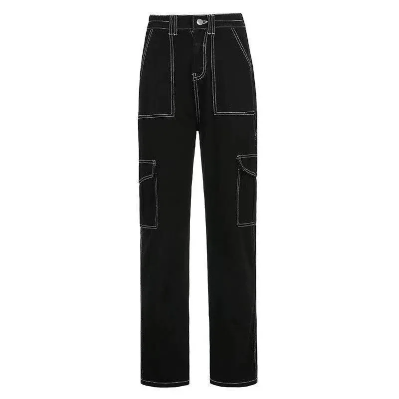 Women's Black Pants / Cotton Streetwear Straight High Waist Ladies Pants