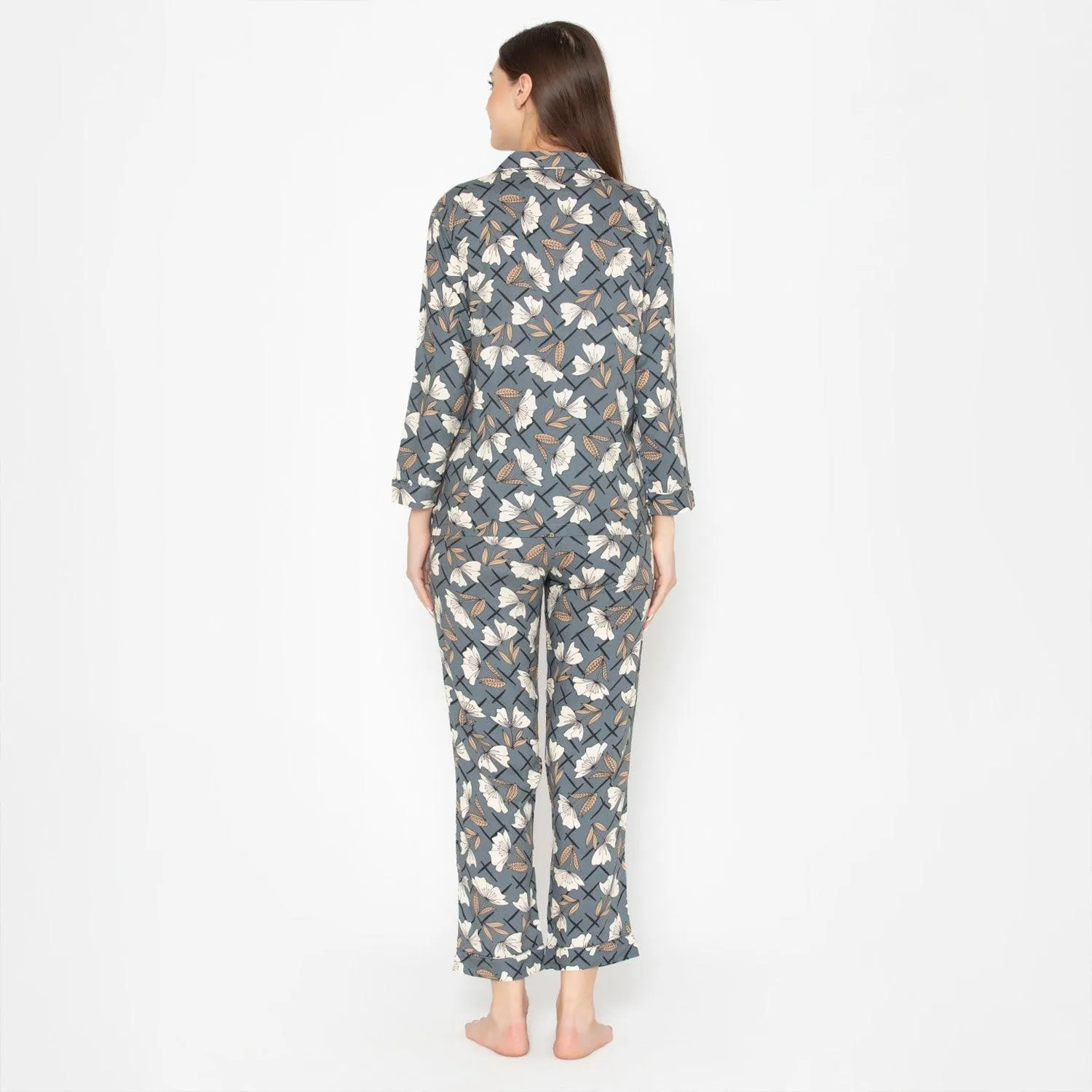 Women's Cotton Printed Night Suit Set of Shirt & Pyjama - Grey