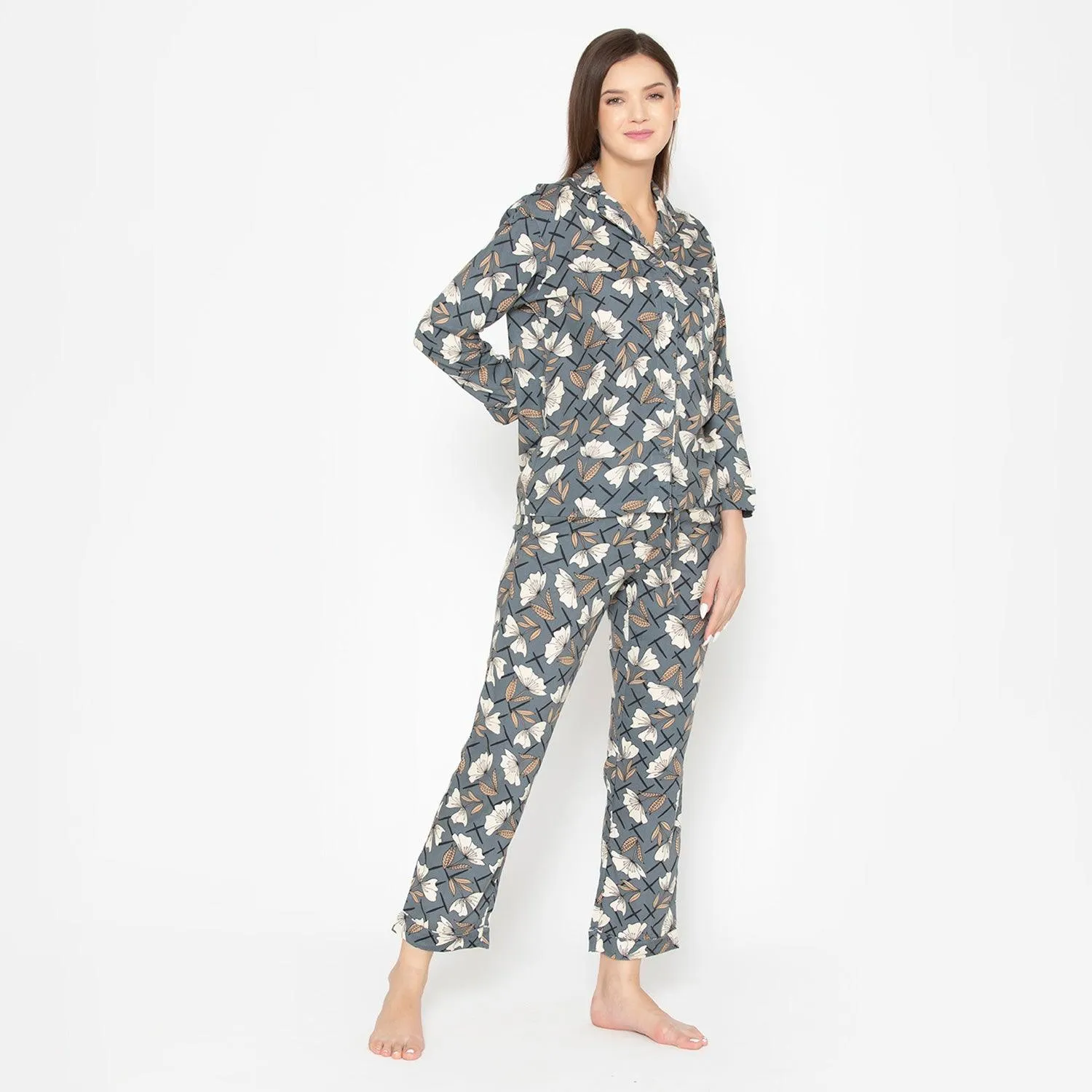 Women's Cotton Printed Night Suit Set of Shirt & Pyjama - Grey