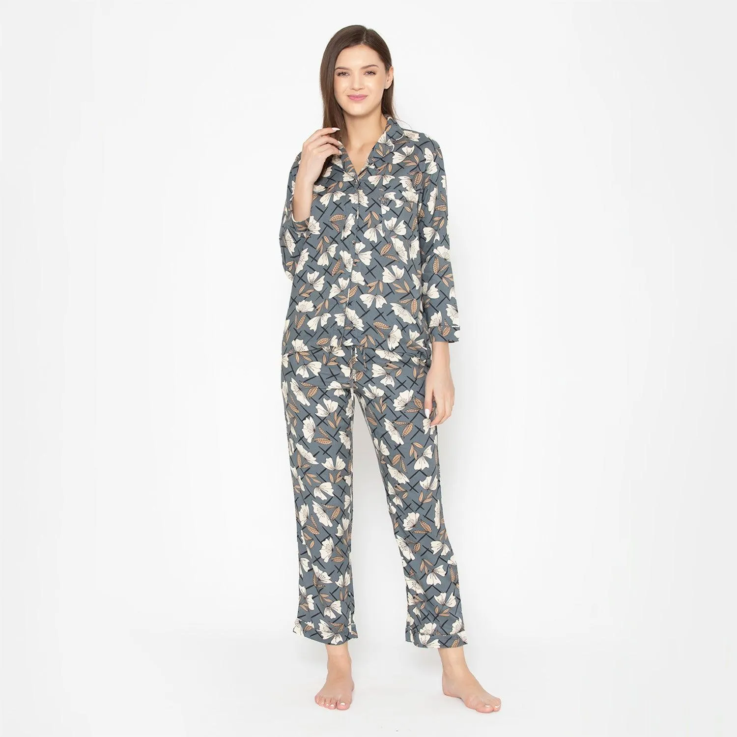 Women's Cotton Printed Night Suit Set of Shirt & Pyjama - Grey