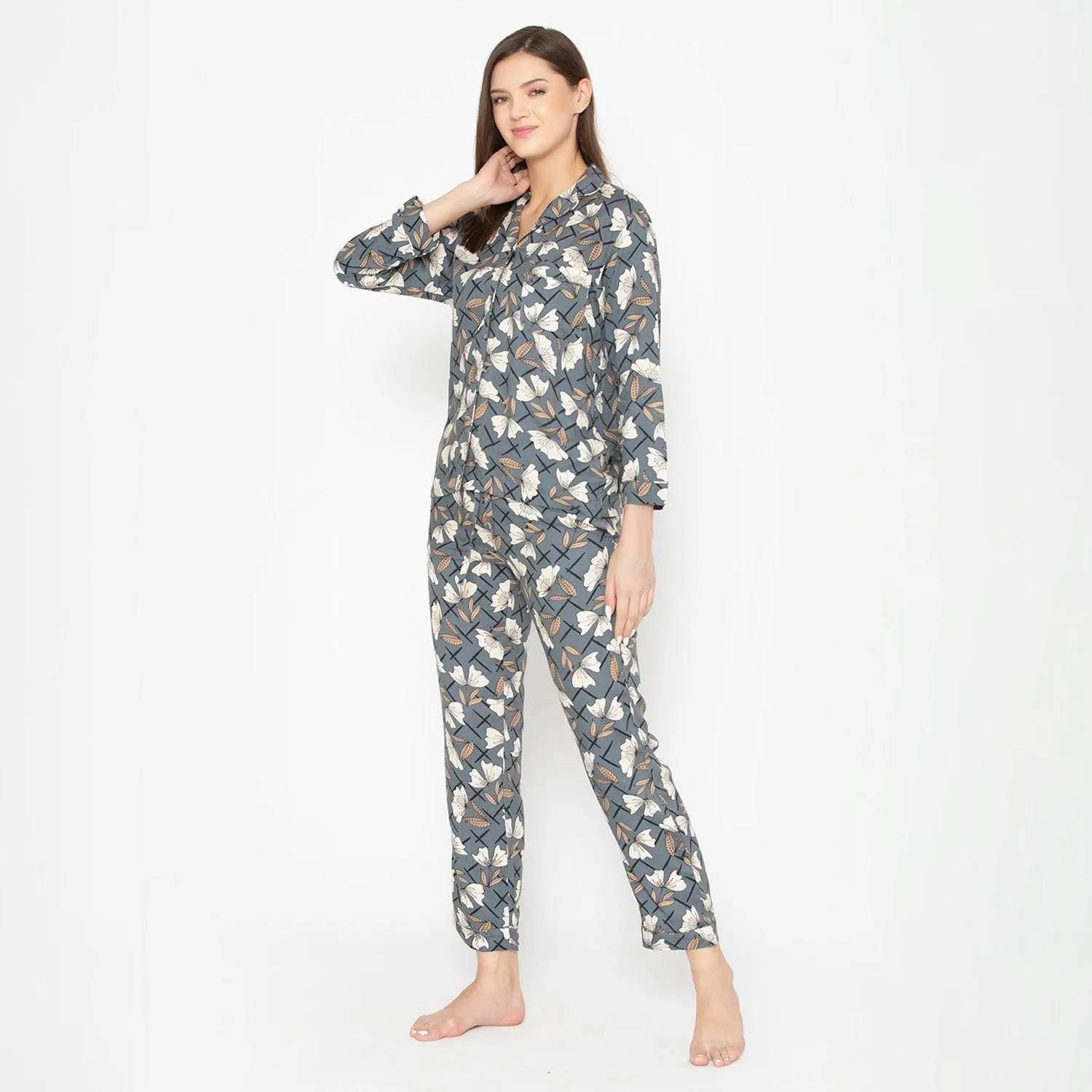 Women's Cotton Printed Night Suit Set of Shirt & Pyjama - Grey