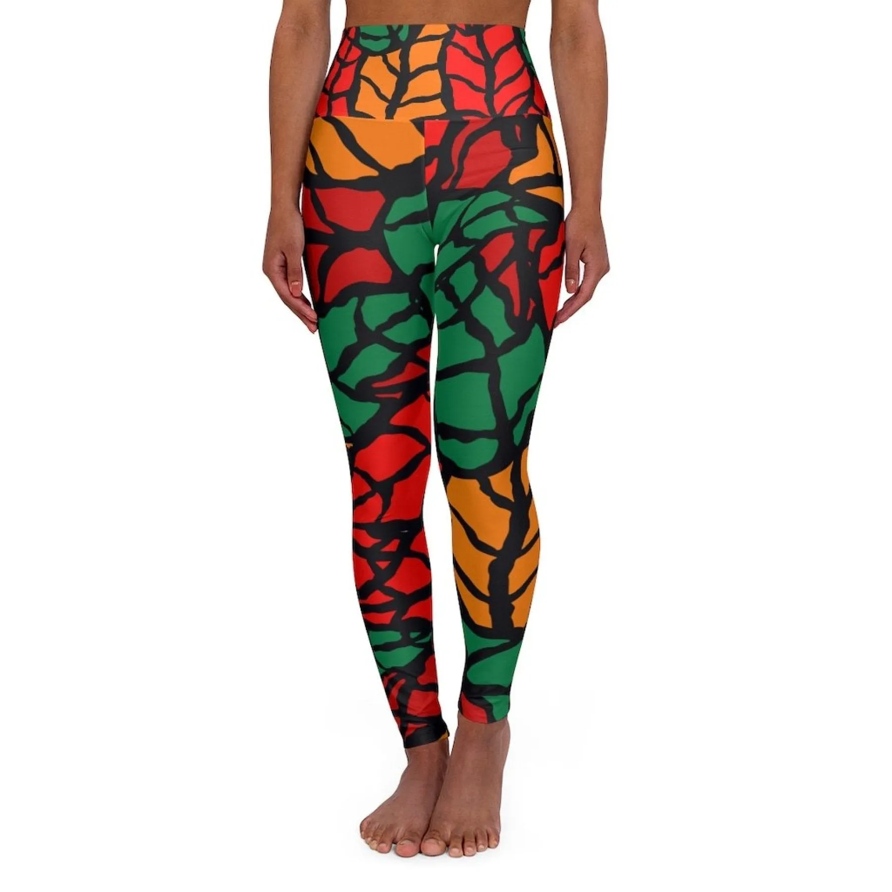 Womens High-waist Fitness Legging Yoga Pants - Red Green Autumn Leaf