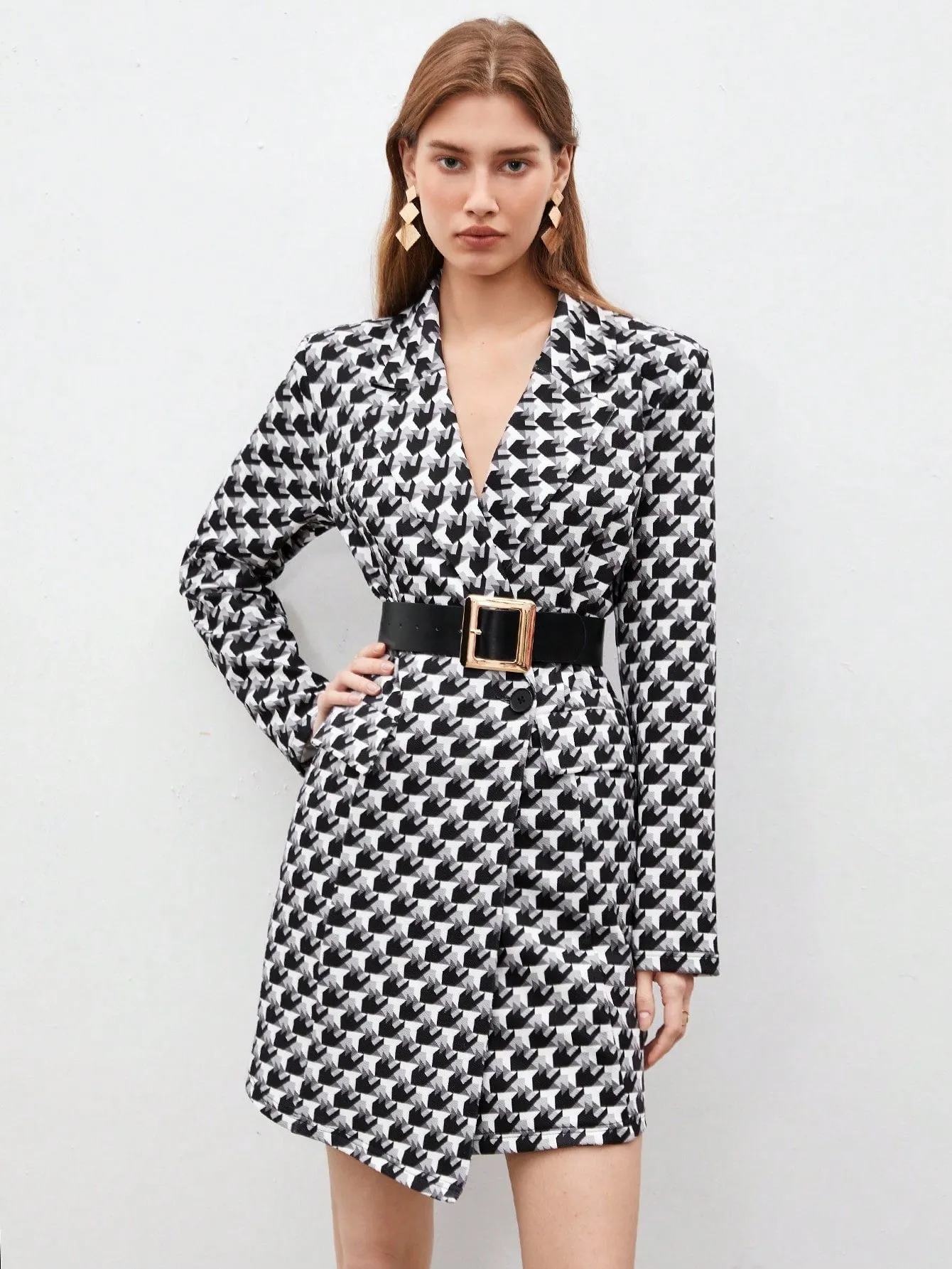 Women'S Houndstooth Check Blazer Style Dress