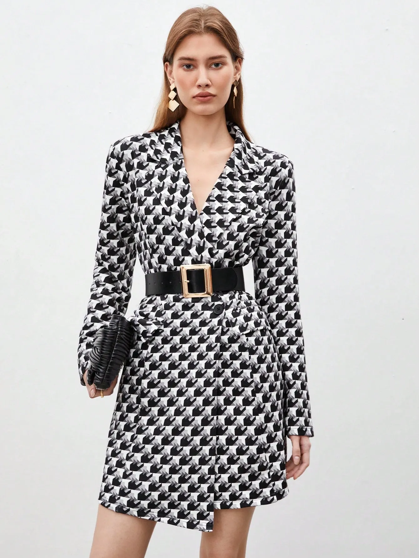 Women'S Houndstooth Check Blazer Style Dress