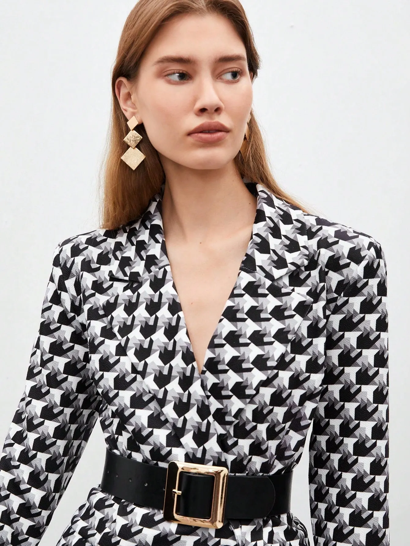 Women'S Houndstooth Check Blazer Style Dress