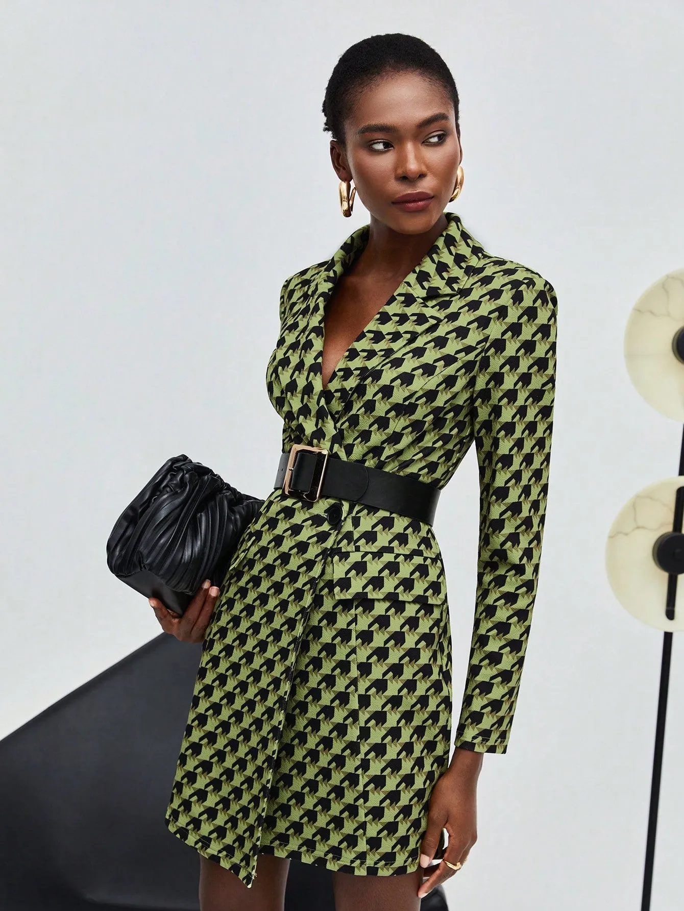 Women'S Houndstooth Check Blazer Style Dress