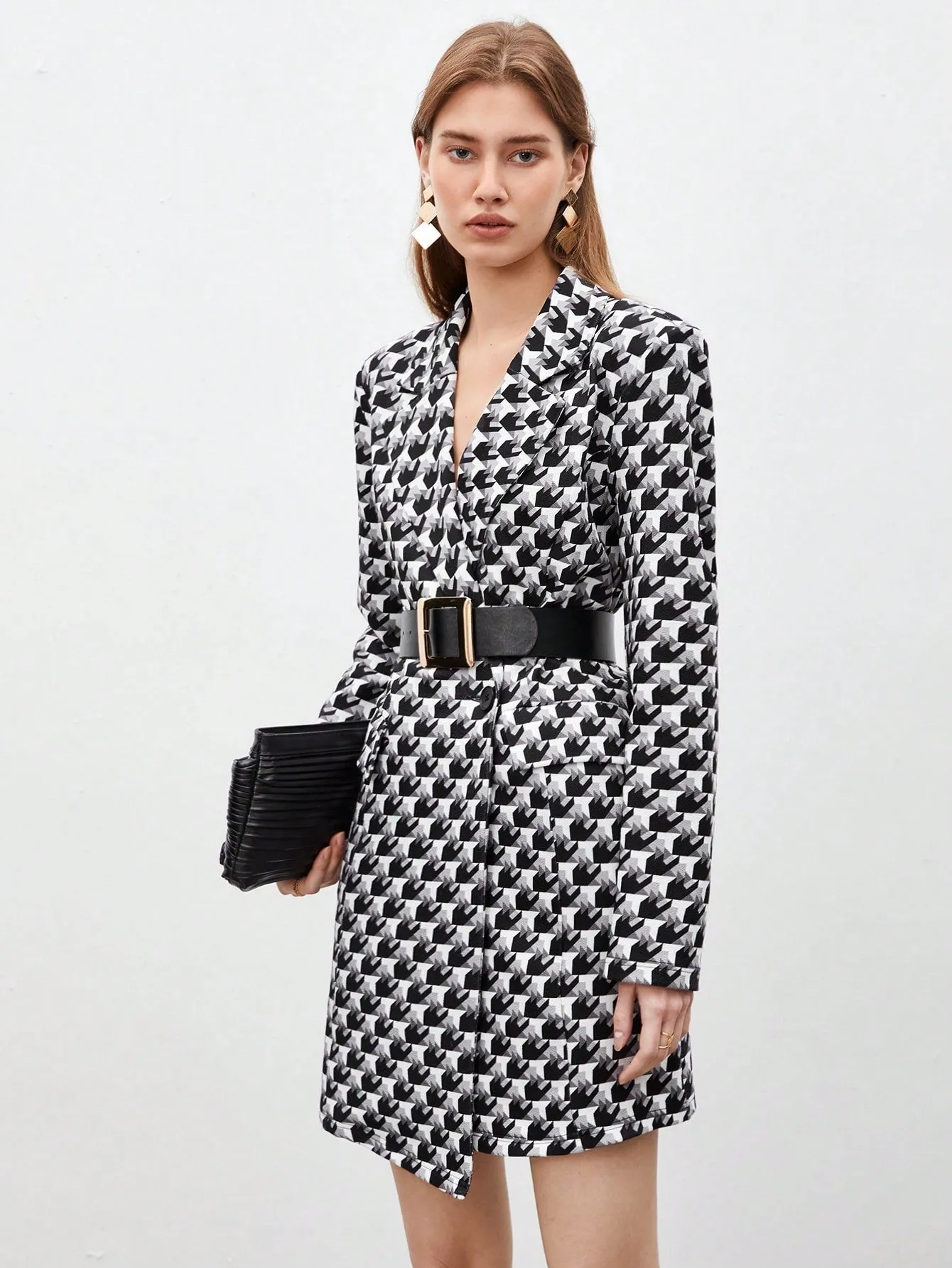 Women'S Houndstooth Check Blazer Style Dress