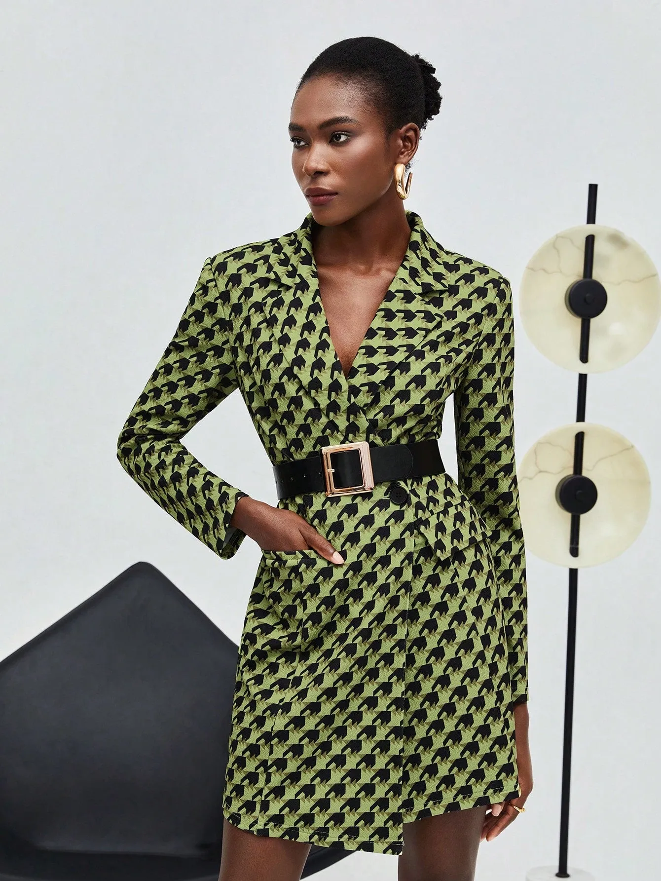 Women'S Houndstooth Check Blazer Style Dress