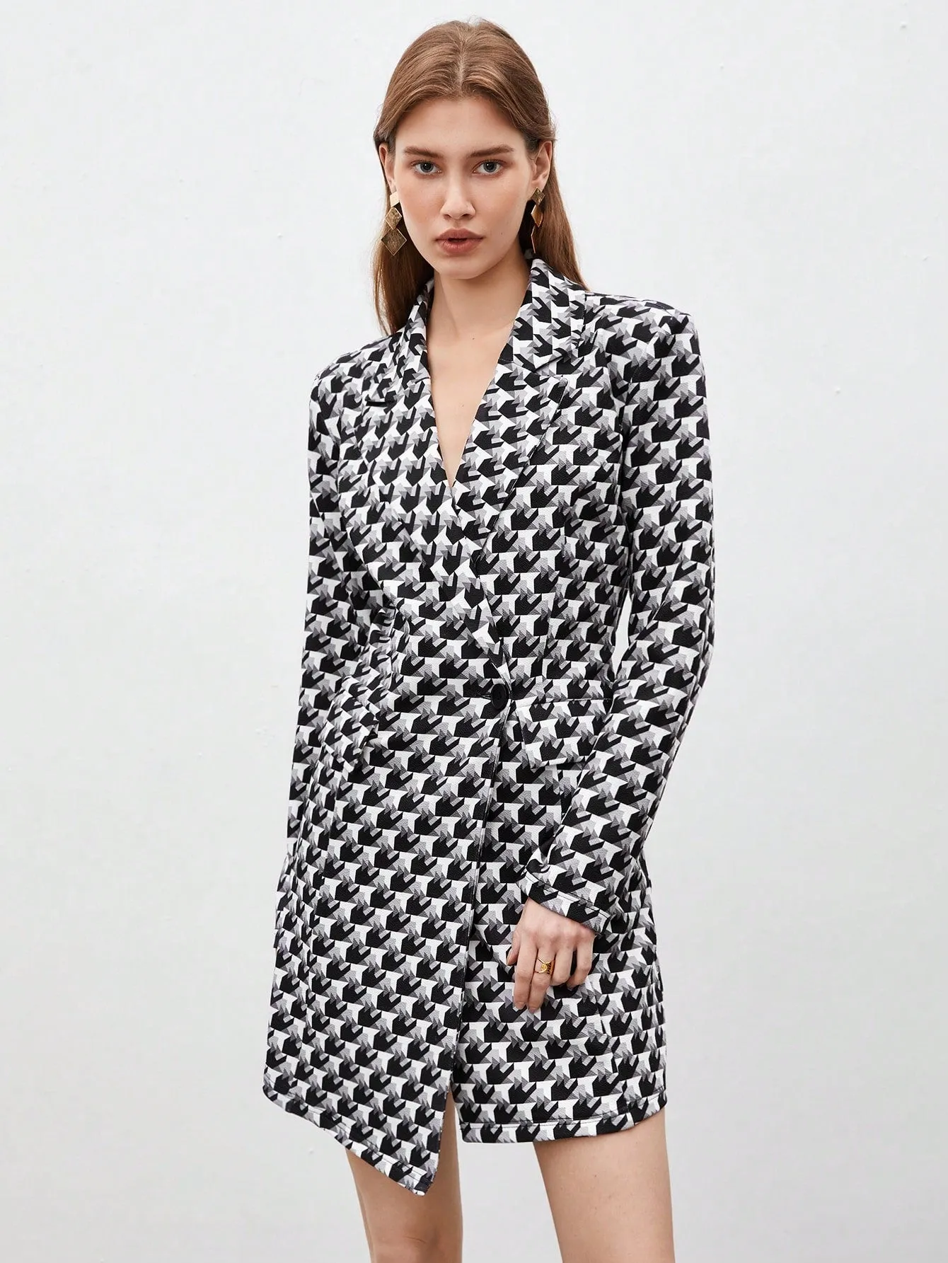 Women'S Houndstooth Check Blazer Style Dress