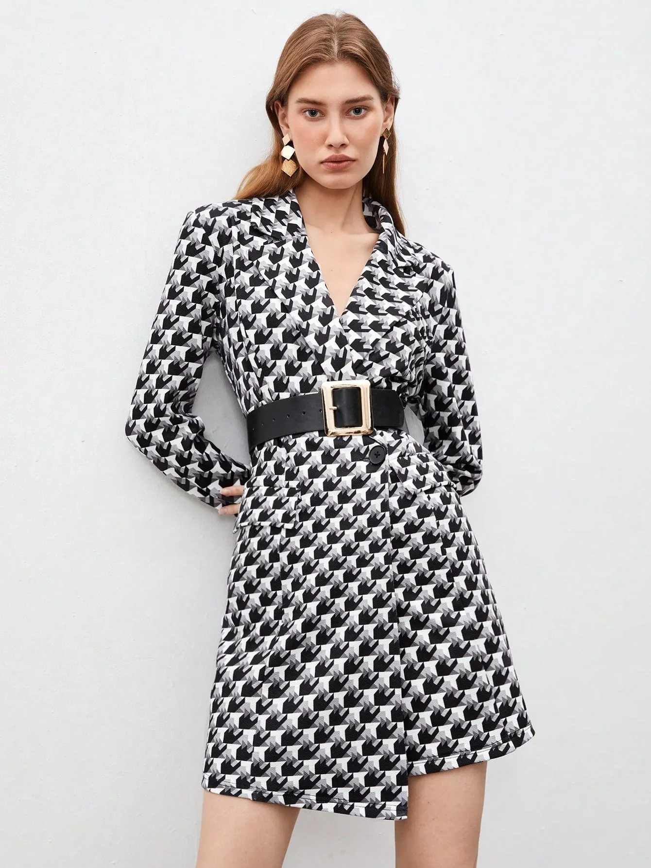 Women'S Houndstooth Check Blazer Style Dress
