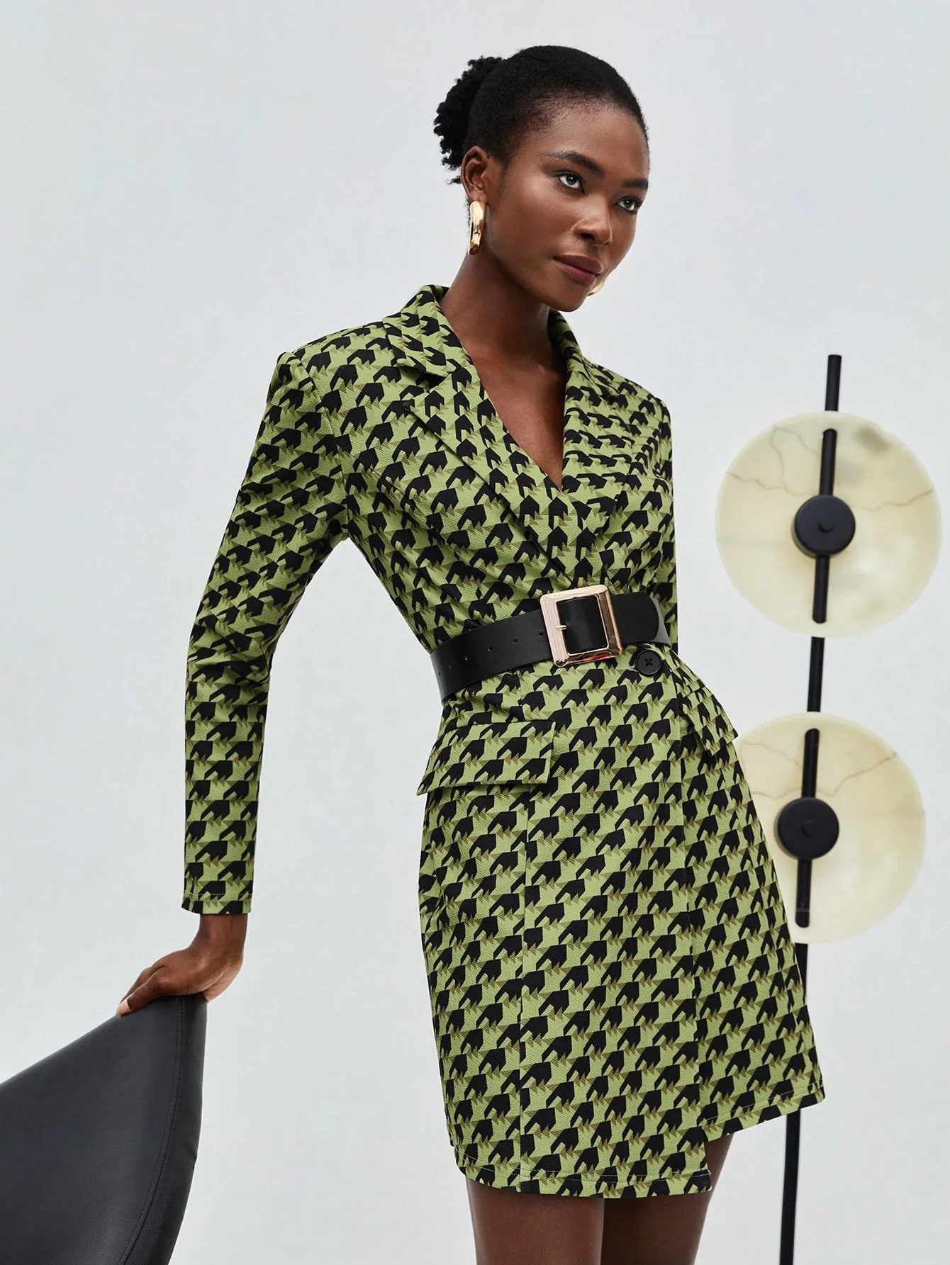Women'S Houndstooth Check Blazer Style Dress