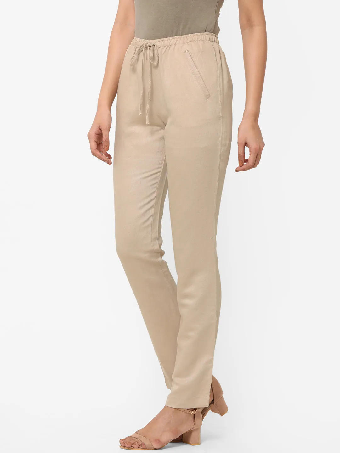 Women's Khaki Linen Regular Fit Pant
