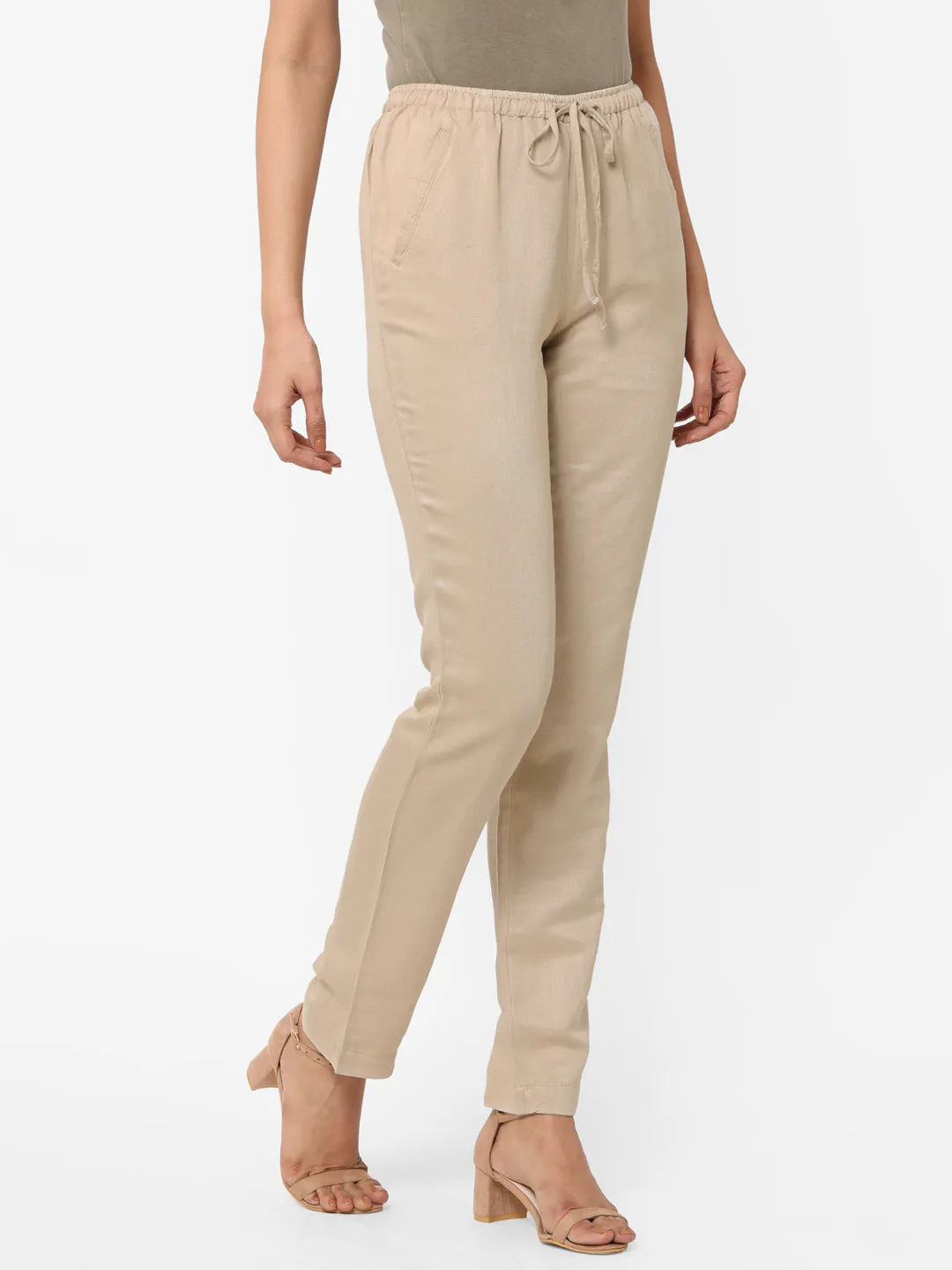 Women's Khaki Linen Regular Fit Pant