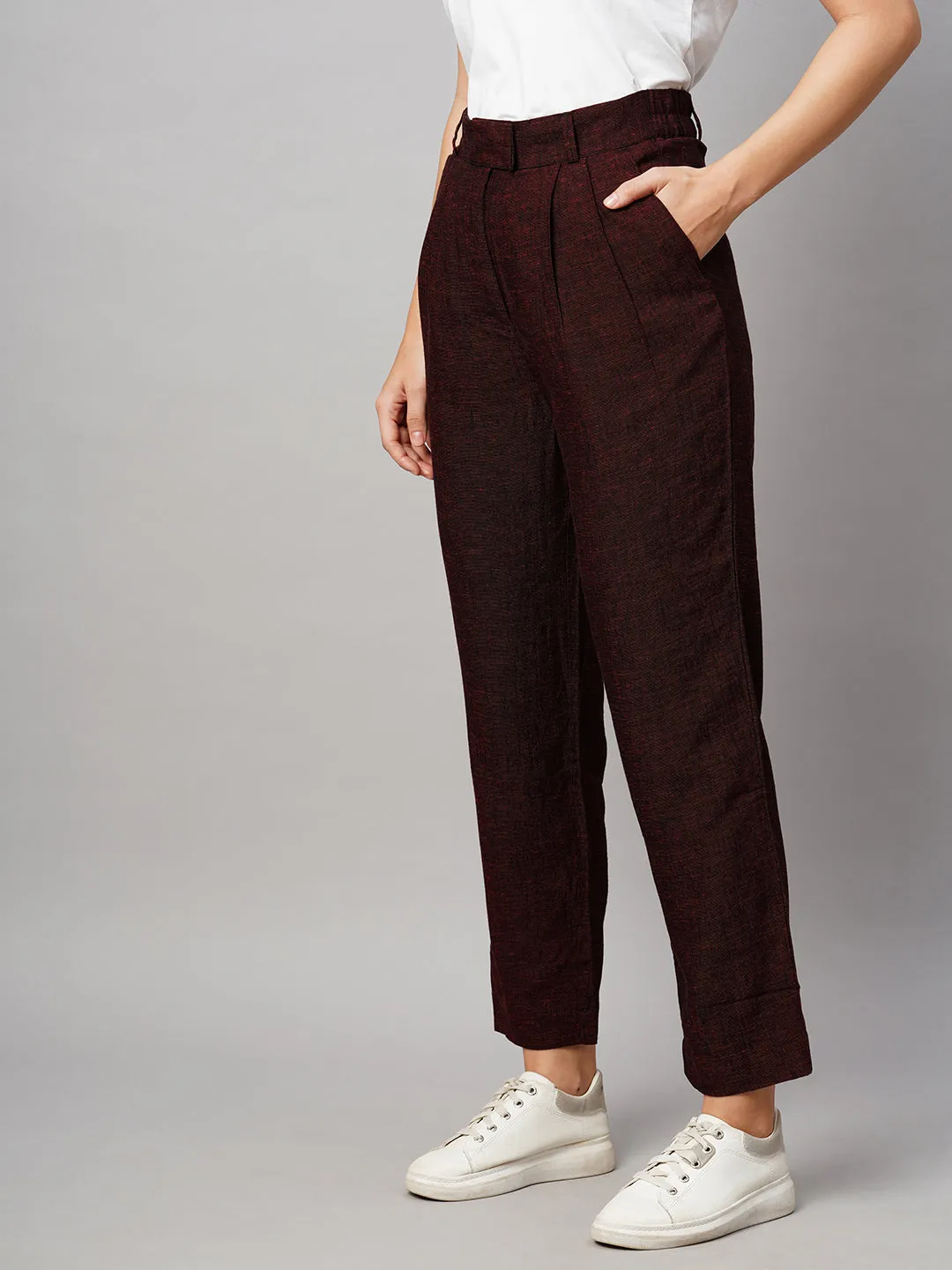 Women's Maroon/Red Viscose Linen Straight Fit Pant