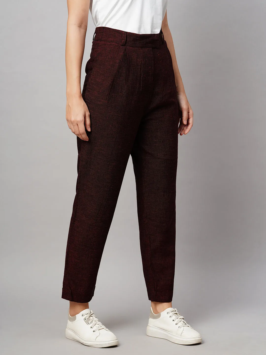 Women's Maroon/Red Viscose Linen Straight Fit Pant