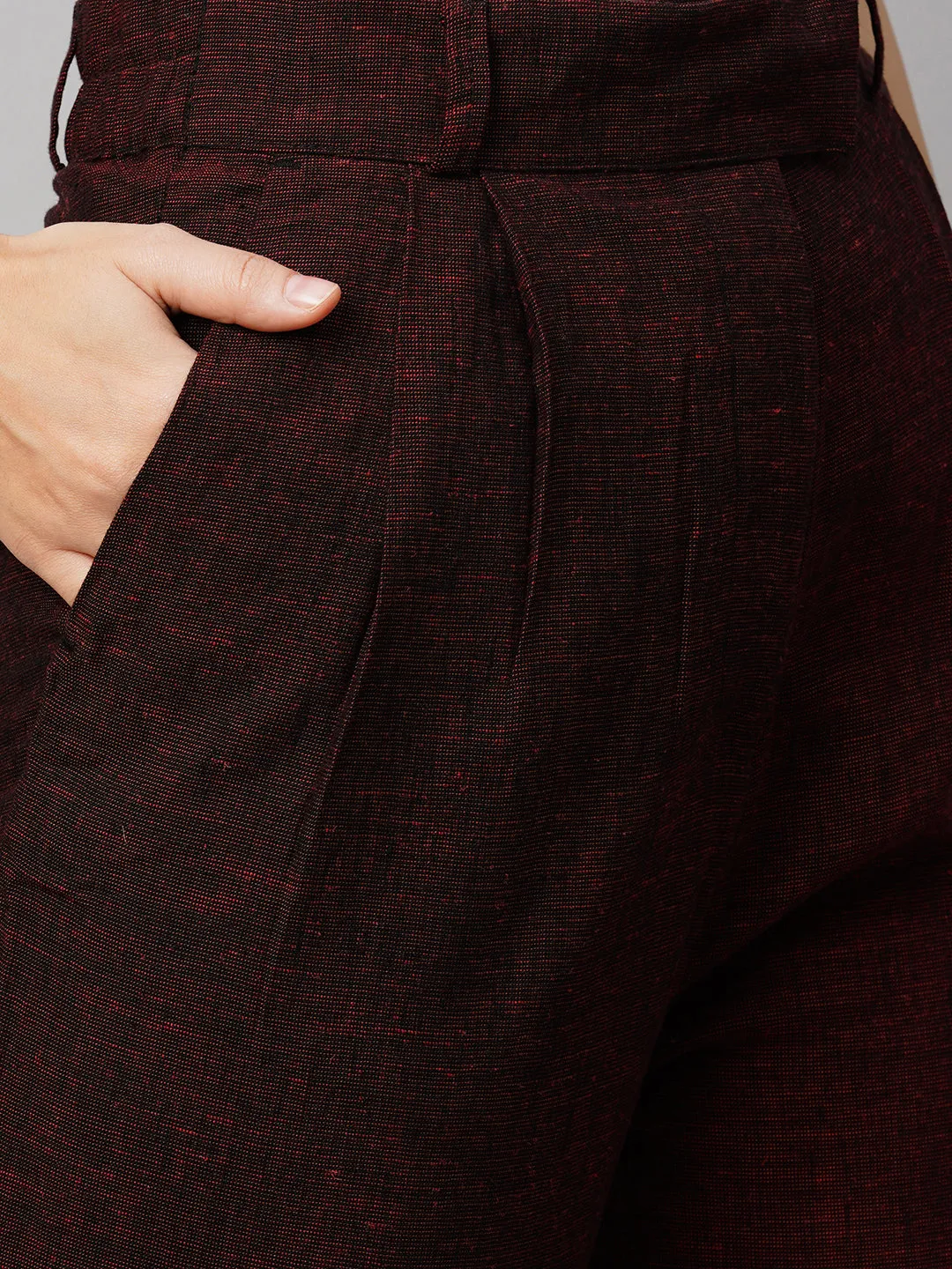 Women's Maroon/Red Viscose Linen Straight Fit Pant