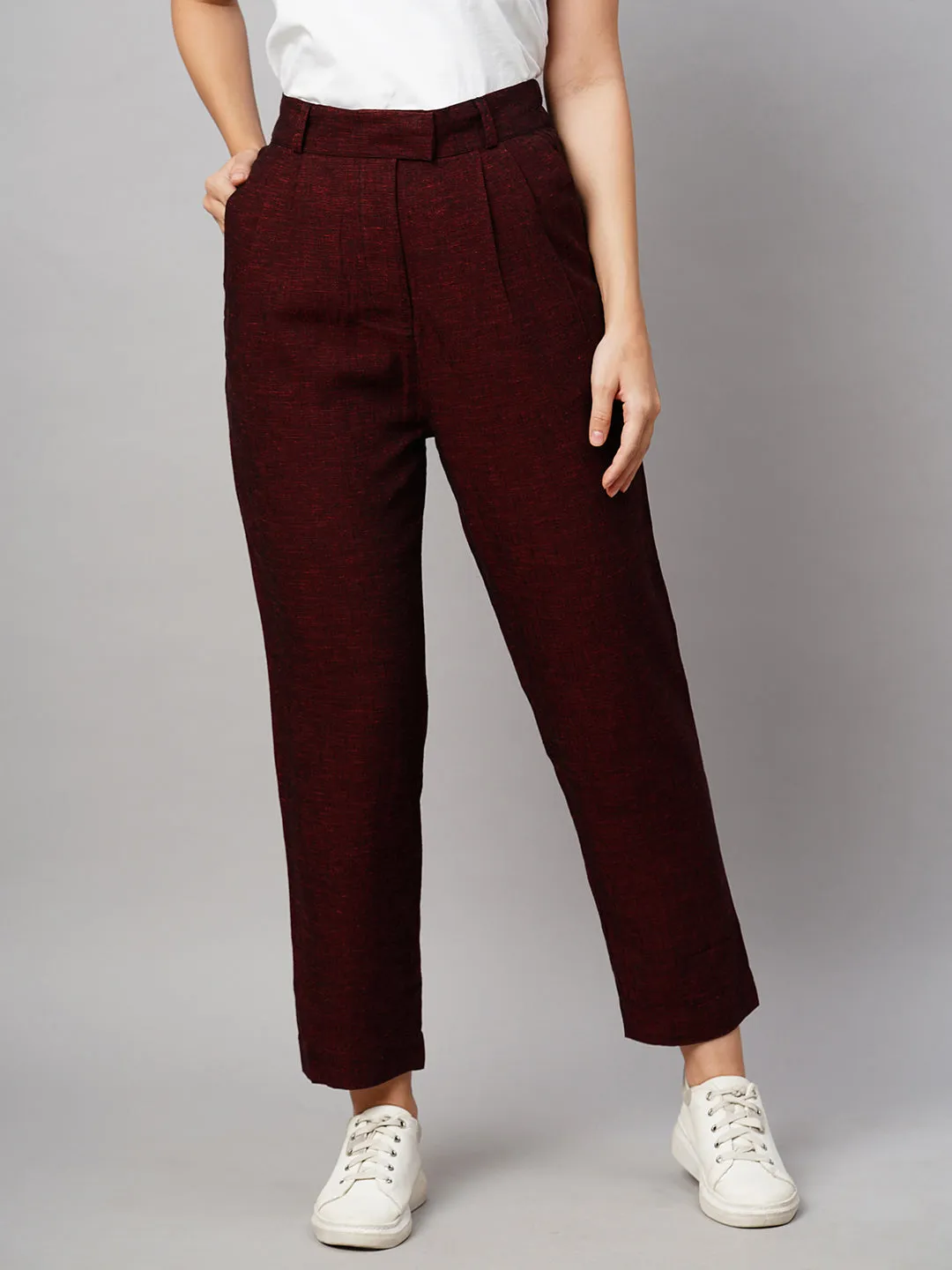 Women's Maroon/Red Viscose Linen Straight Fit Pant