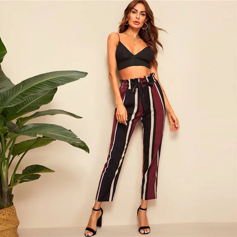 Women's Polyester Striped High-Waist Pants