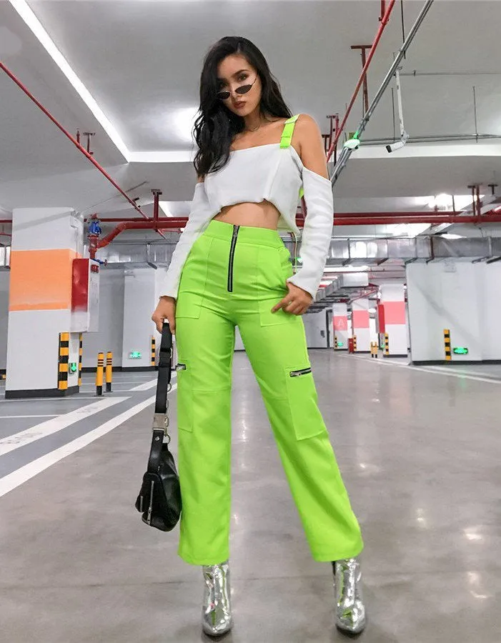 Women's Spring High Waist Fluorescence Cargo Pants