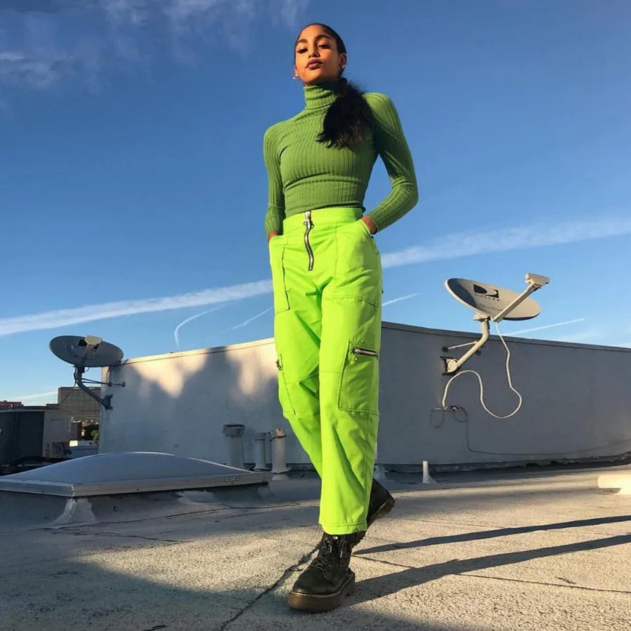 Women's Spring High Waist Fluorescence Cargo Pants
