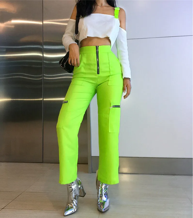 Women's Spring High Waist Fluorescence Cargo Pants