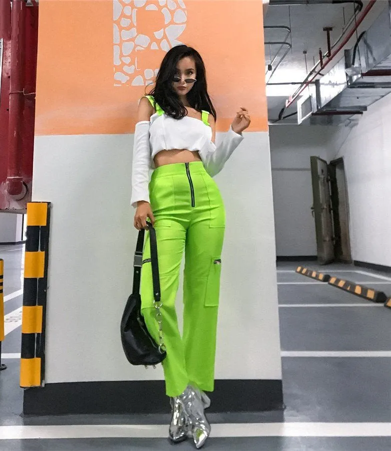 Women's Spring High Waist Fluorescence Cargo Pants