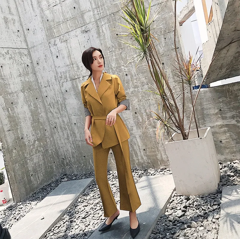 Women's Spring/Autumn Slim Waist Blazer & High Waist Pants