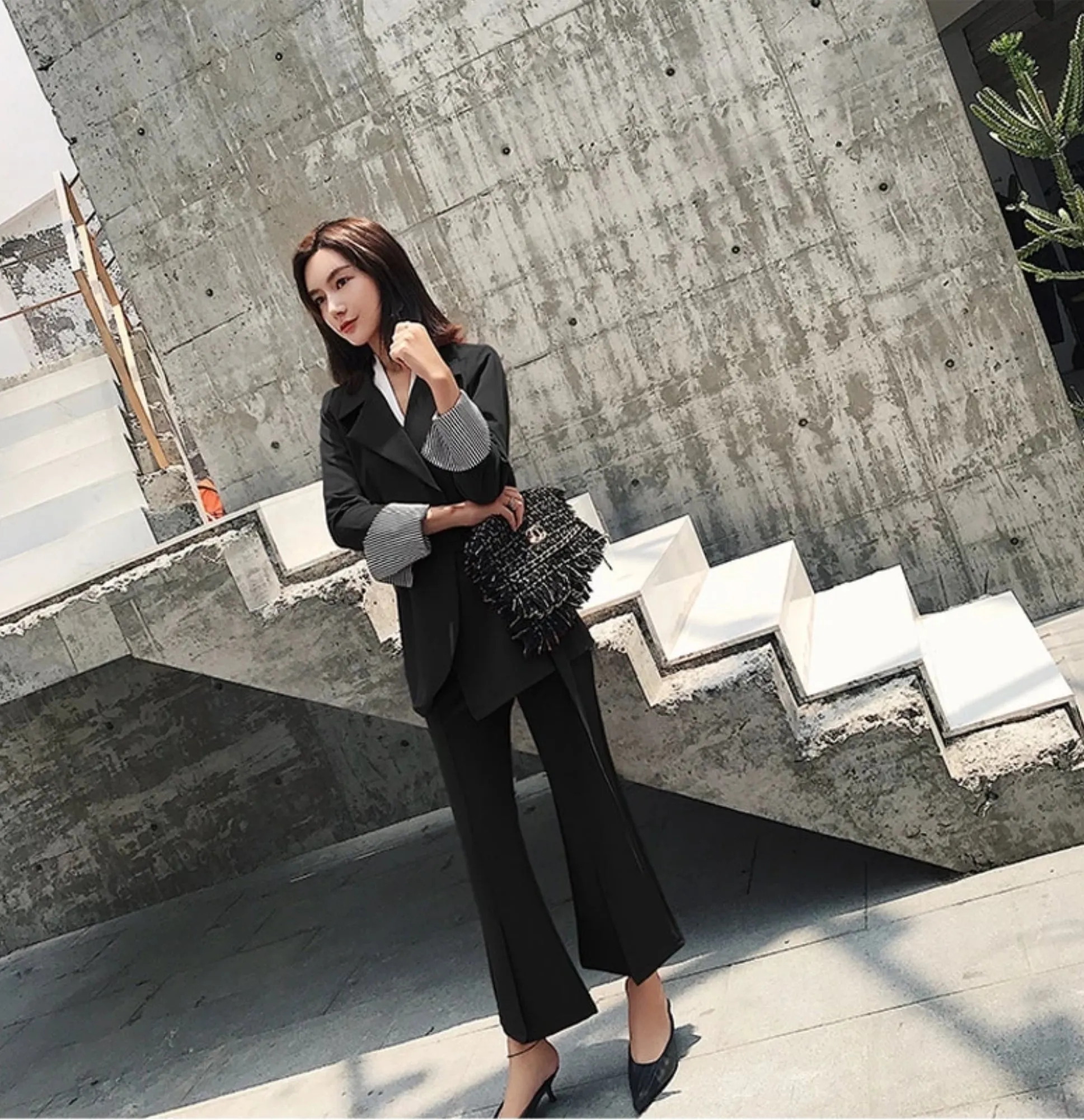 Women's Spring/Autumn Slim Waist Blazer & High Waist Pants