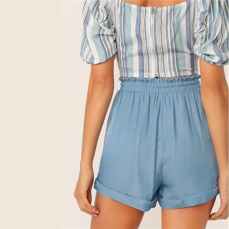 Women's Summer Casual Polyester High-Waist Shorts