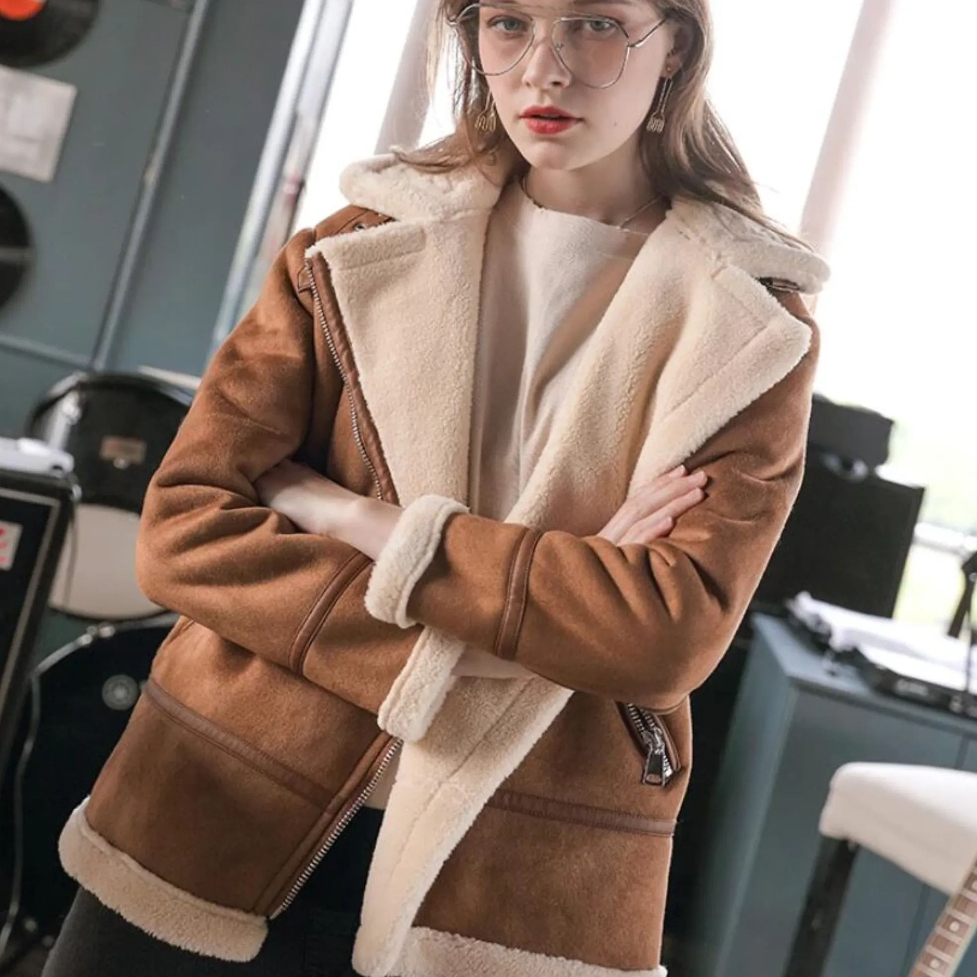 Women's Winter Faux Sheepskin Long-Sleeved Coat With Fur